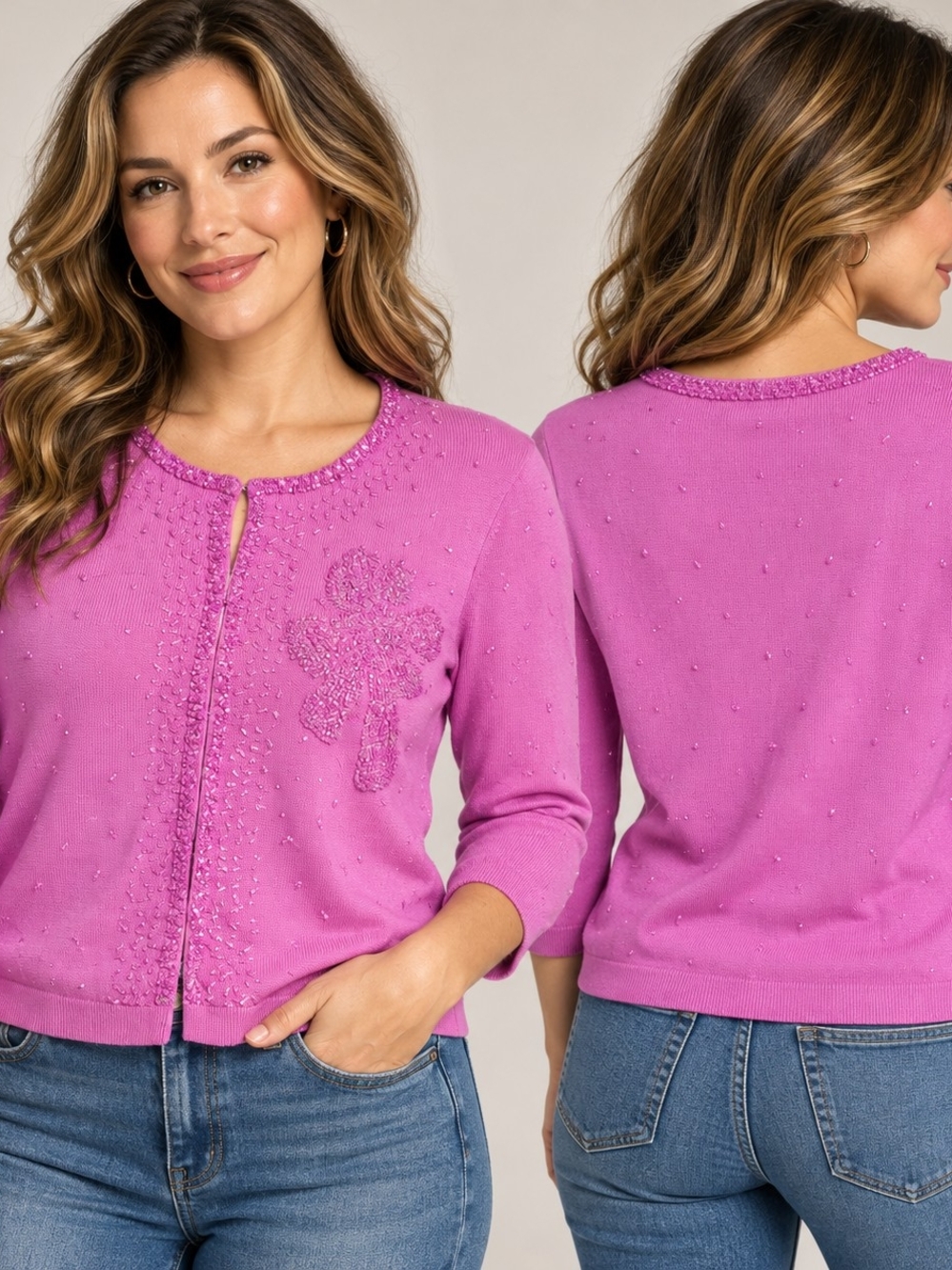 INC International Concepts Y2K Glam Coquette Pink Beaded Angel Cardigan Large